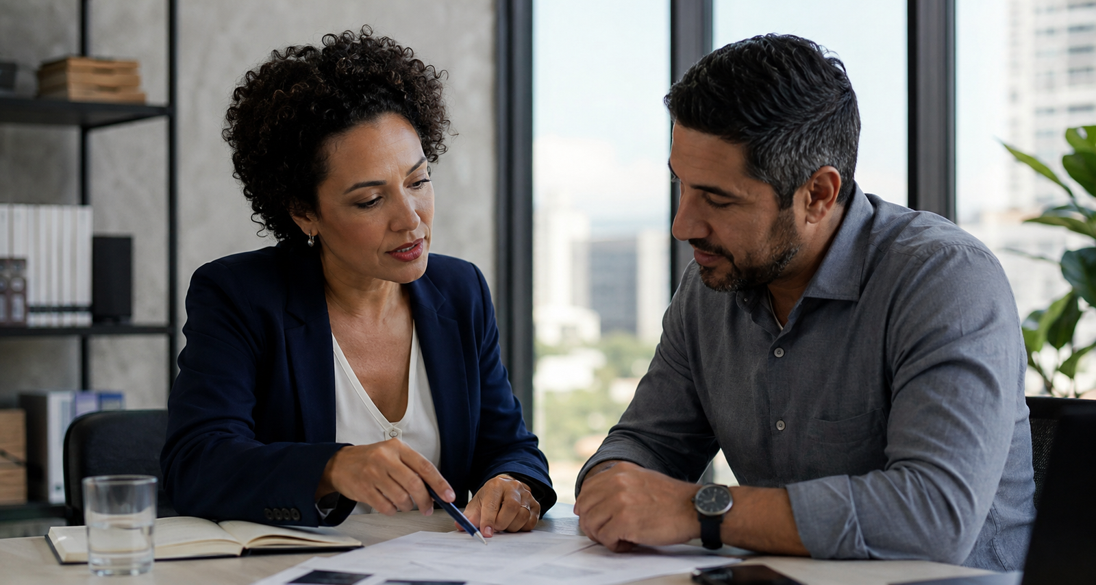 Consultora financeira conversando com empresário